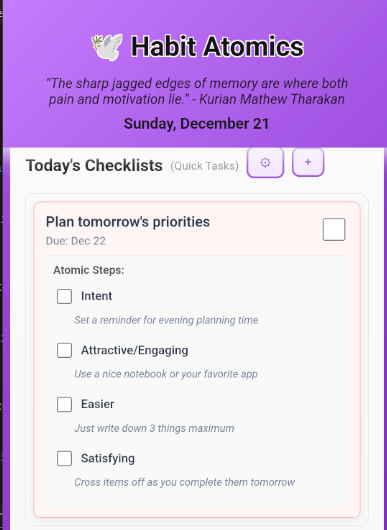 Habit Atomics - Today's Checklist Items