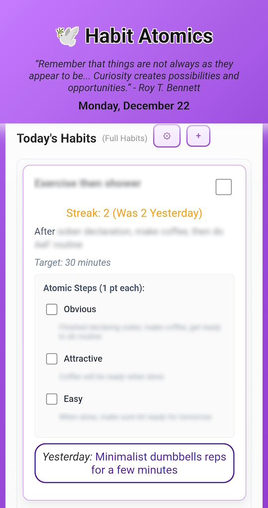 Habit Atomics - Yesterday's Note for Motivation