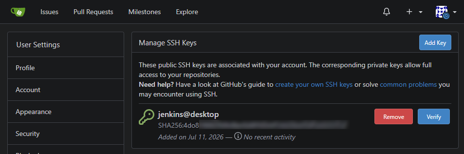 Gitea: Add Jenkins SSH public key